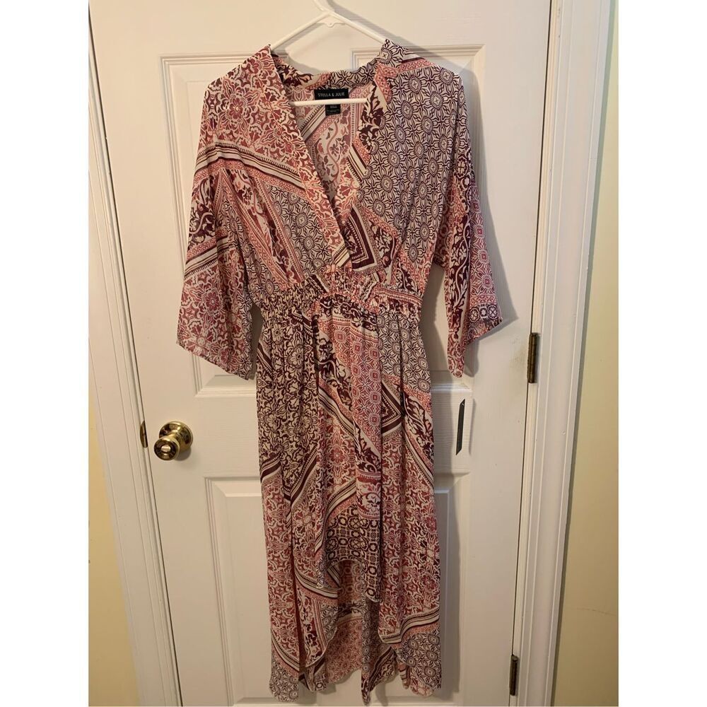 STELLA & JULIE BOHO DRESS HI LO MIDI V NECK SHEER BURGUNDY/CREAM/MAUVE SZ 8